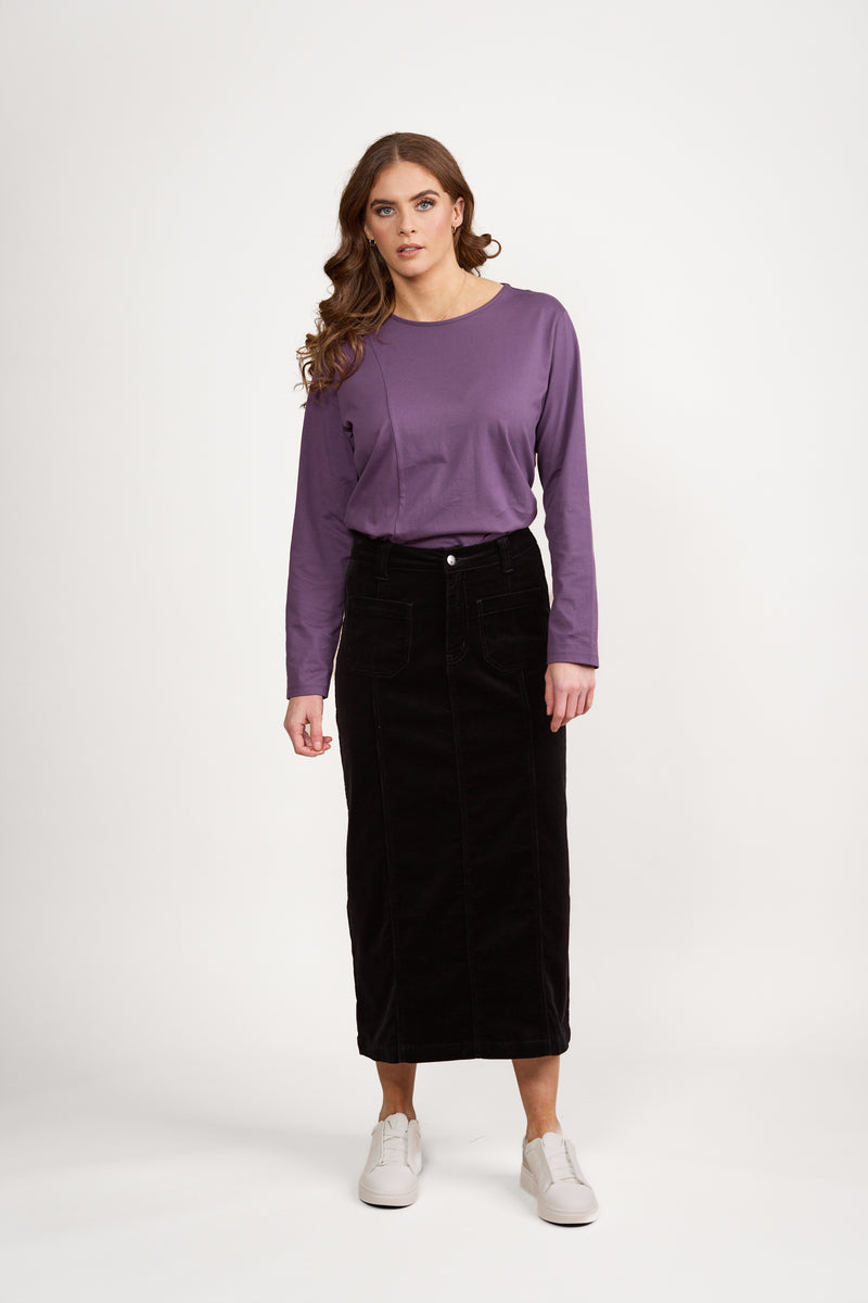 Mid Length Cord Skirt w Front Panel Seams - VASSALLI Skirt NZ LUMA