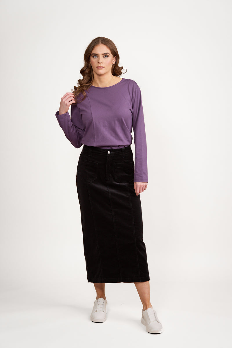 Mid Length Cord Skirt w Front Panel Seams - VASSALLI Skirt NZ LUMA