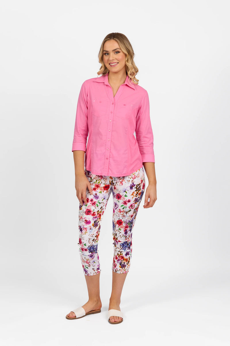 Plain Button Up Shirt with Rib Panels - Flamingo - VASSALLI Top 12 8 18 16 10 14 NZ LUMA