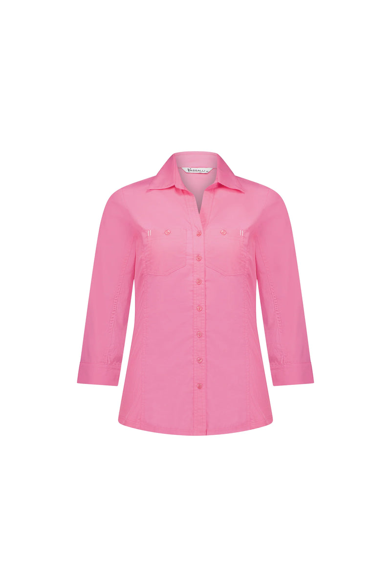 Plain Button Up Shirt with Rib Panels - Flamingo - VASSALLI Top NZ LUMA