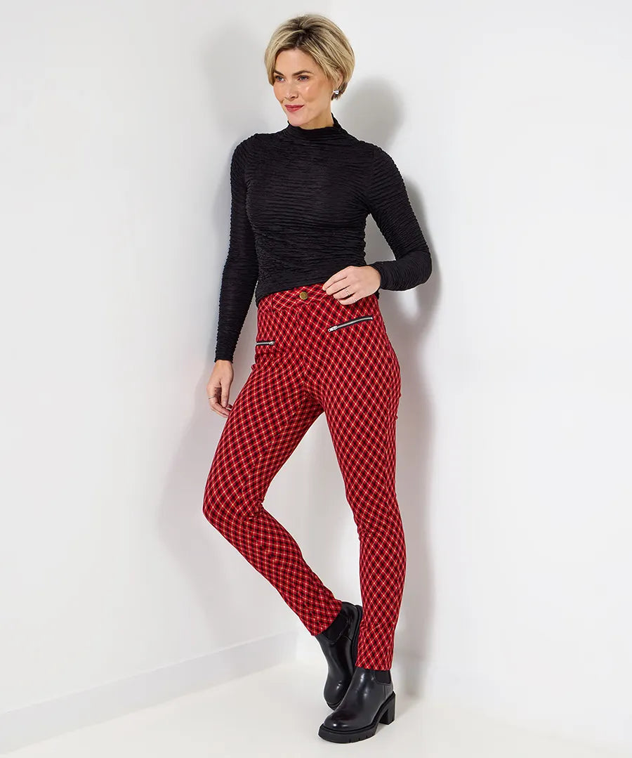 Retro Red Check Ponte Trousers - JOE BROWNS Pant NZ LUMA