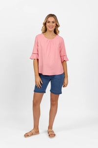 Round Neck Top w Elbow Length Sleeves - Lemon or Pink - VASSALLI Top 18 16 10 14 12 Pink NZ LUMA