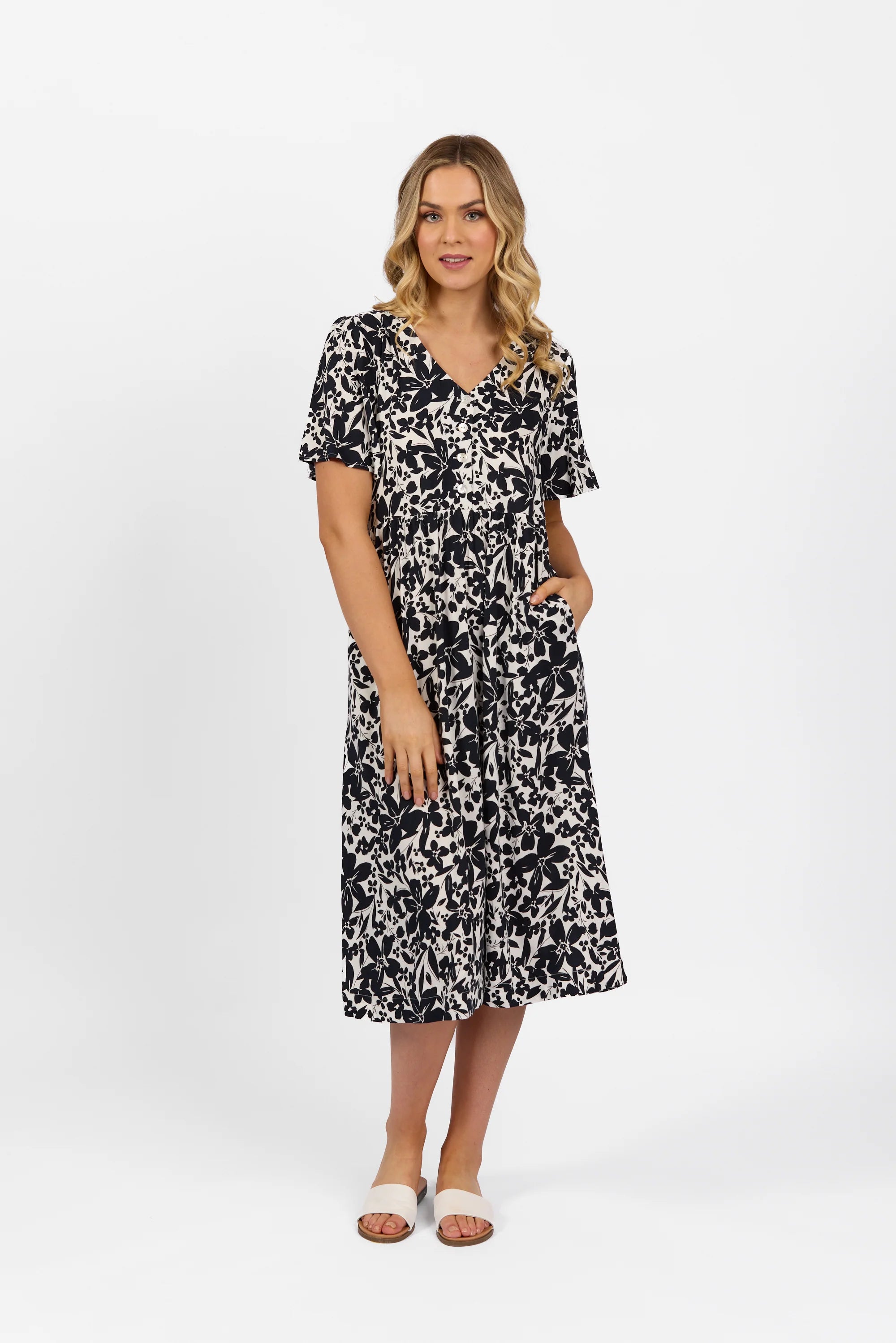 S/Sleeve Dress V Neck Button Front - Coco - VASSALLI Dress 8 12 14 18 10 16 NZ LUMA