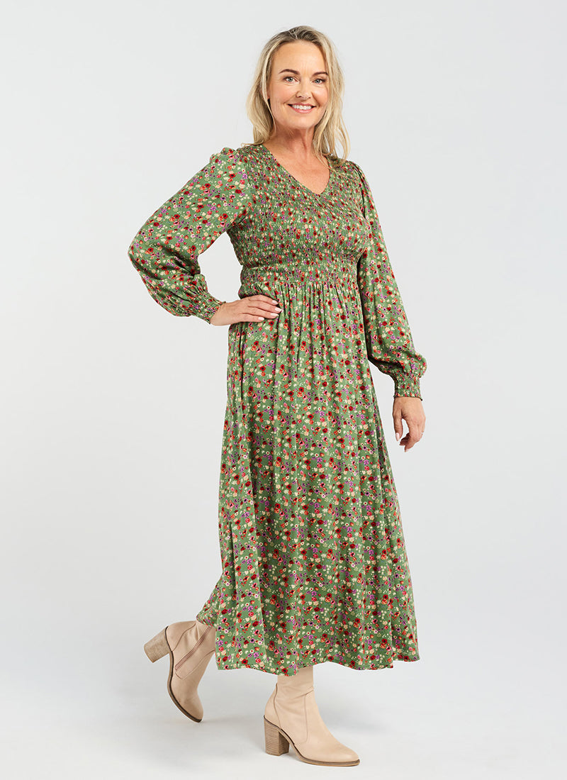 Sienna Shirred Dress - Olive Retro Floral - BLACKSTONE Dress NZ LUMA