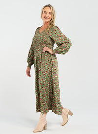 Sienna Shirred Dress - Olive Retro Floral - BLACKSTONE Dress NZ LUMA