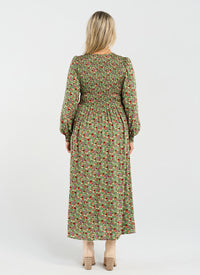 Sienna Shirred Dress - Olive Retro Floral - BLACKSTONE Dress NZ LUMA