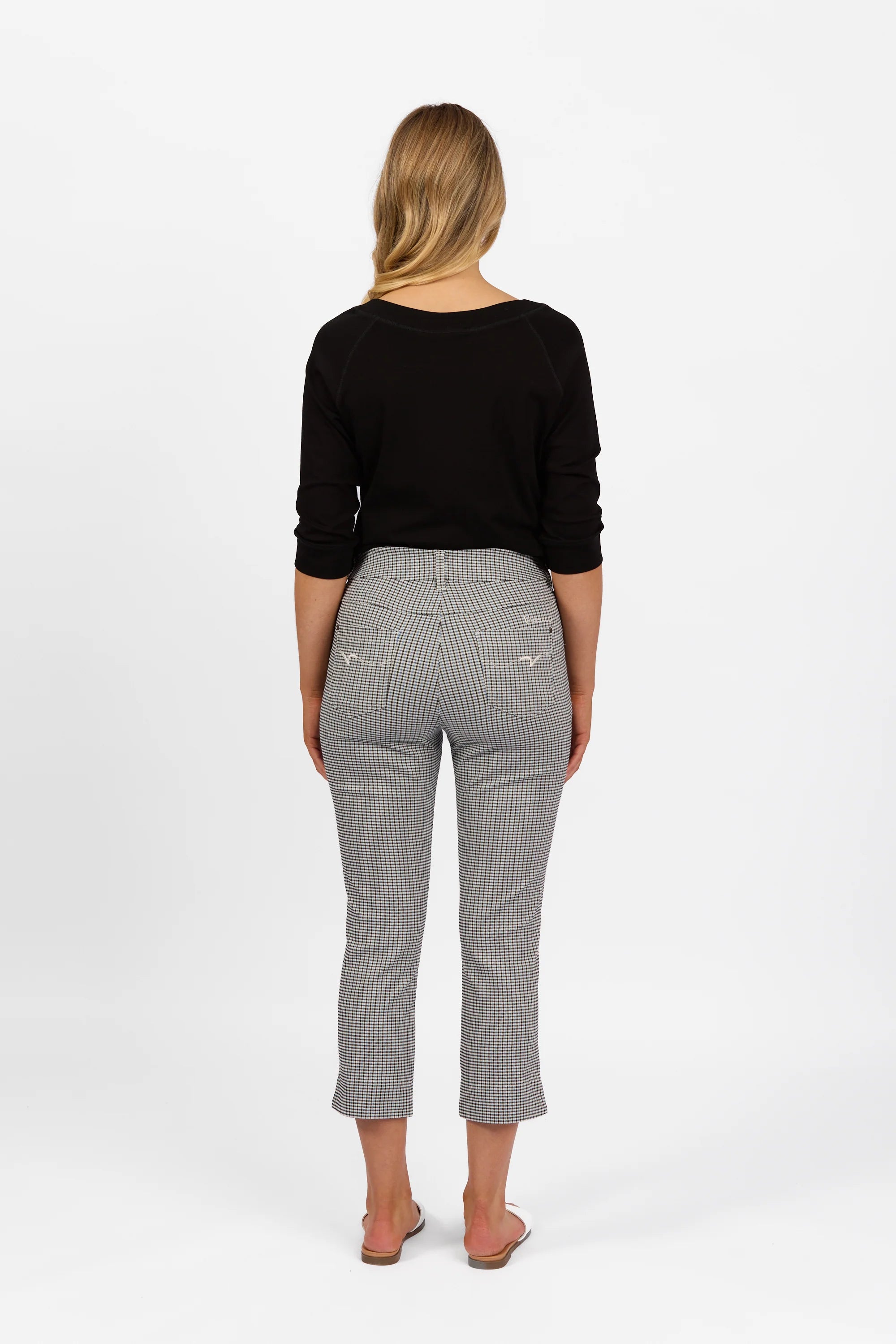 Slim Leg 7/8 Pull On Pant w Elastic Back Waistband - Check - VASSALLI Pant NZ LUMA