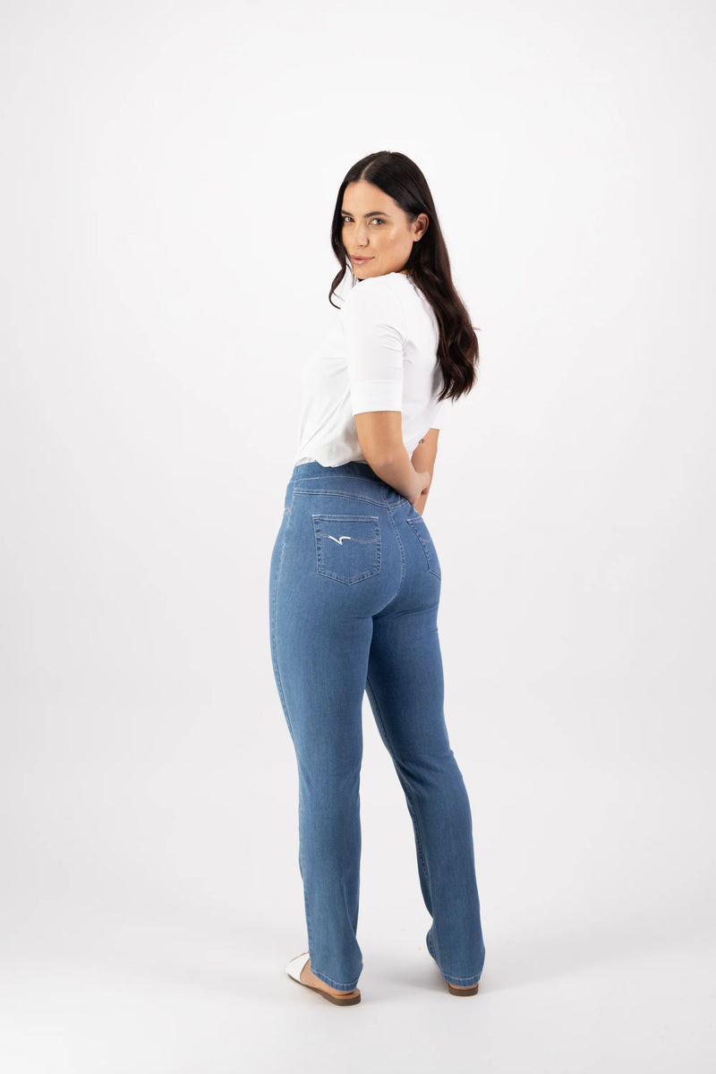 Slim Leg Full Length Lightweight Denim Pull On - Mid Wash - VASSALLI Pant 16 18 12 14 10 8 NZ LUMA