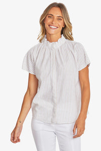 Tamara Stripe Blouse - White/ Raffia - PING PONG TOPS NZ LUMA