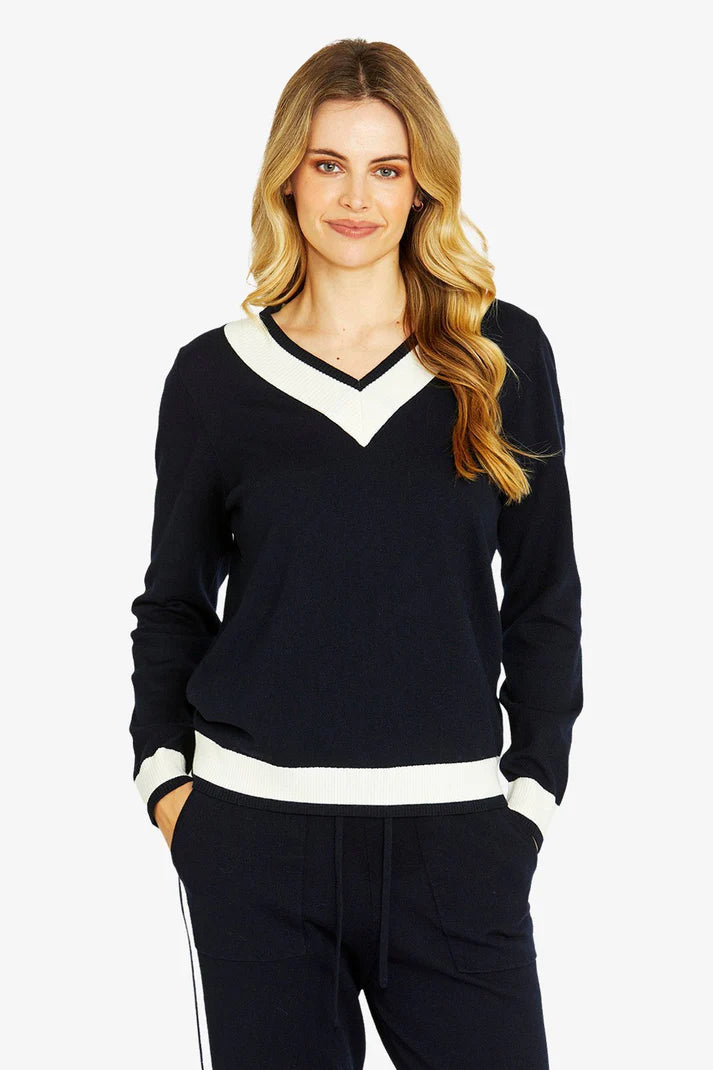 Taylor V Neck Pullover - Navy/Parchment - PING PONG