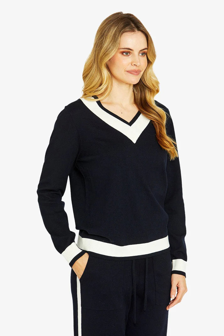 Taylor V Neck Pullover - Navy/Parchment - PING PONG
