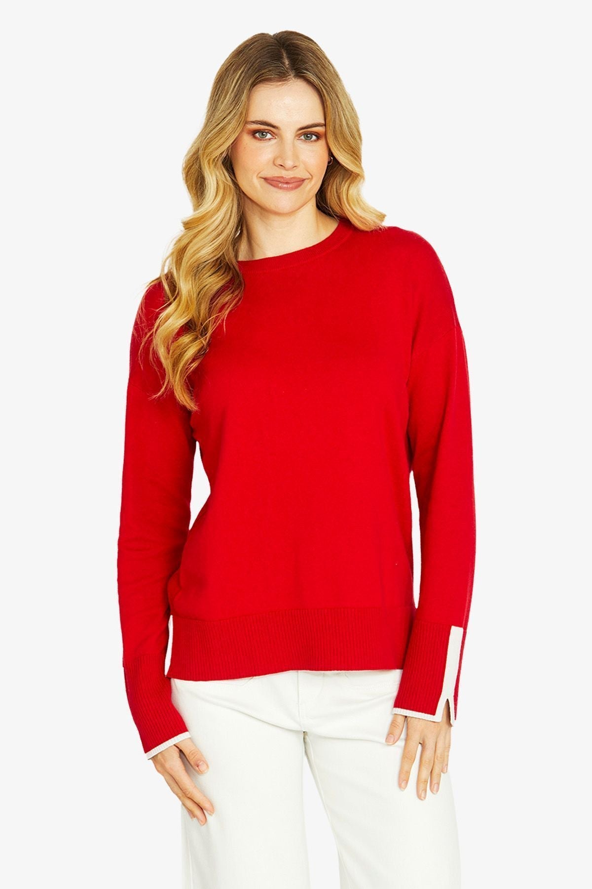 Scarlet cotton cashmere blend pullover featuring almond tipped cuffs and side slits