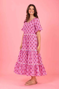 Tyler Midi Dress - Pink Red Print - CHARLO Dress NZ LUMA