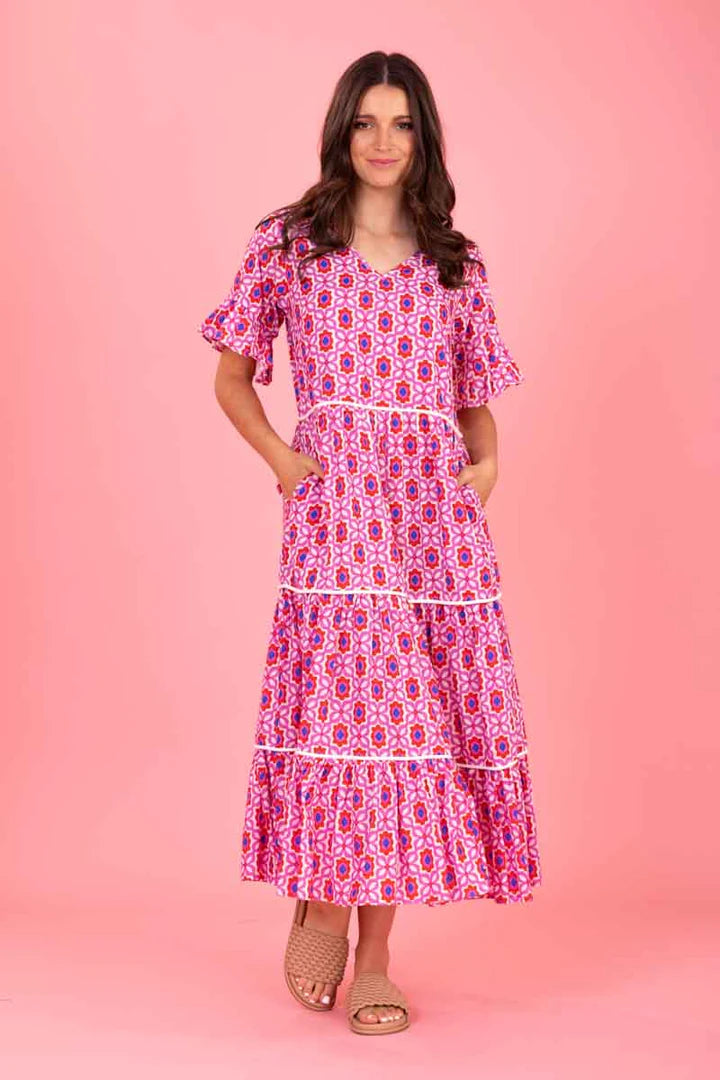 Tyler Midi Dress - Pink Red Print - CHARLO Dress NZ LUMA