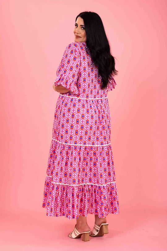 Tyler Midi Dress - Pink Red Print - CHARLO Dress NZ LUMA