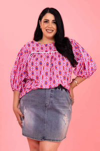 Zoe Top - Pink Red Print - CHARLO Top NZ LUMA