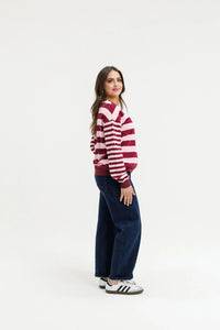 HOME LEE - Hugo Crew - Merlot & Blush Stripe Top NZ LUMA