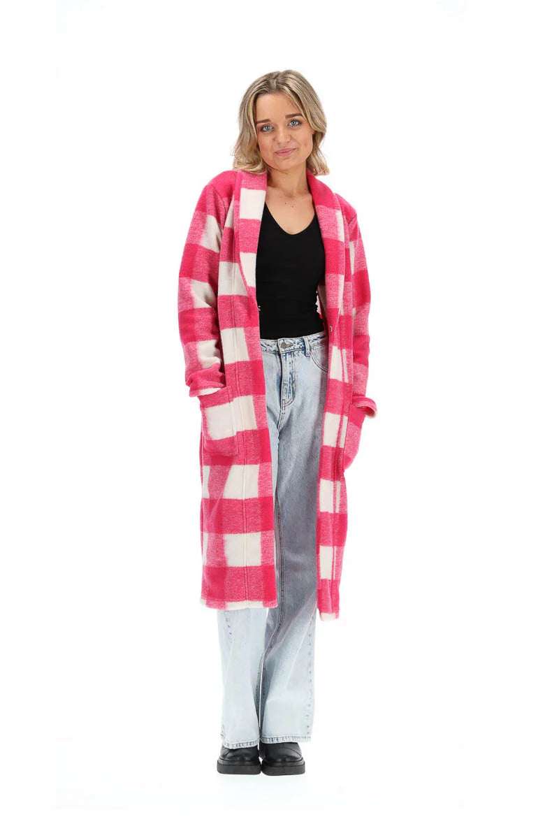 Bree Cardigan Pink Check -CHARLO Coat NZ LUMA