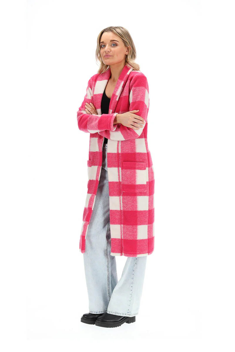 Bree Cardigan Pink Check -CHARLO Coat NZ LUMA