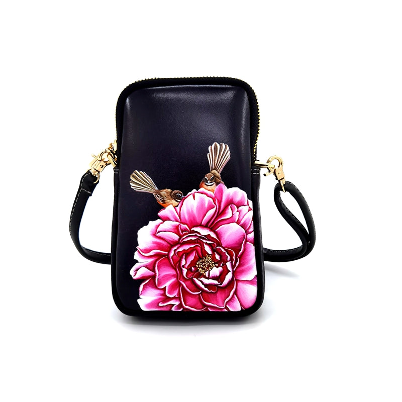 Cell Phone Bag No Flap - Anita Madhav, 2 Fantails and Pink Flower - NZ ARTISTS COLLECTION Accessories NZ LUMA