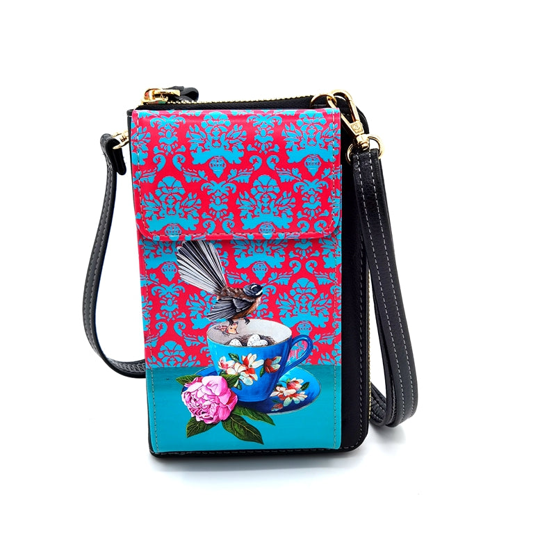 Cell Phone Bag With Flap - Angie Dennis, Fantail and Blue Teacup - NZ ARTISTS COLLECTION Accessories NZ LUMA