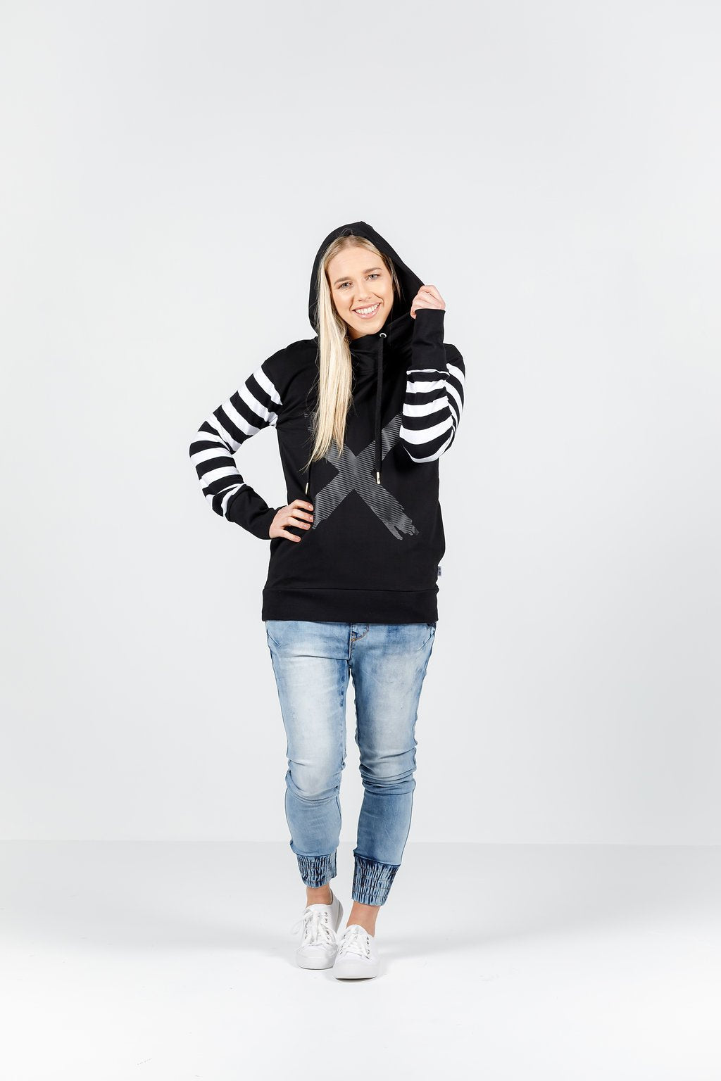 Hooded Sweatshirt, B/W Stripe and X Print - HOME-LEE Top 6 8 10 12 14 16 Black and White NZ LUMA 