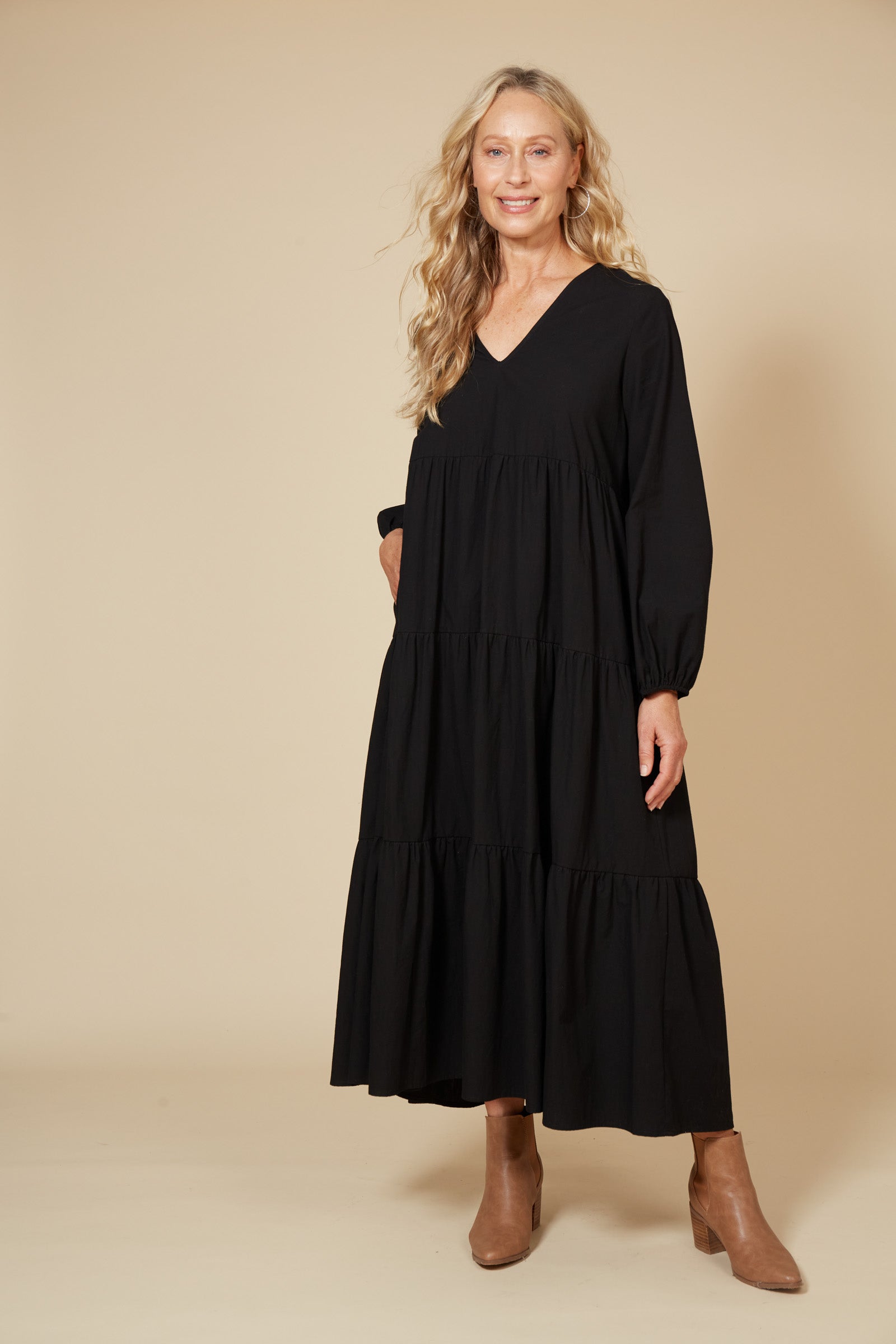 Long black tiered dress hot sale