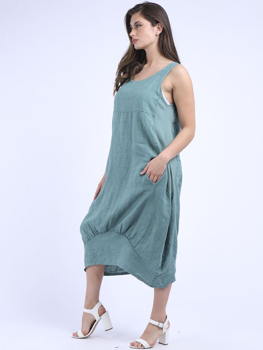 M Made in Italy Linen Asymmetric Summer Dress Flared Blue